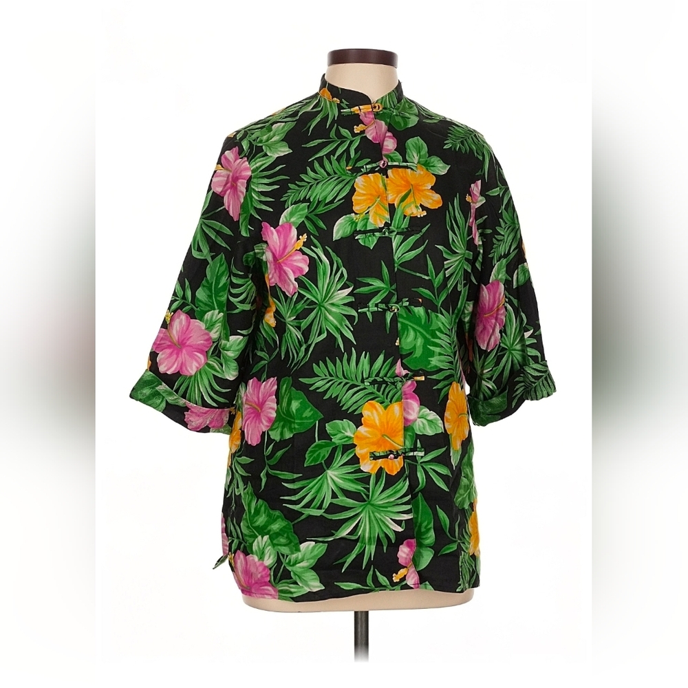 NWOT Ralph Lauren Women L PETITE 100% Linen Asian Frog Buttons Shirt Hawaiian